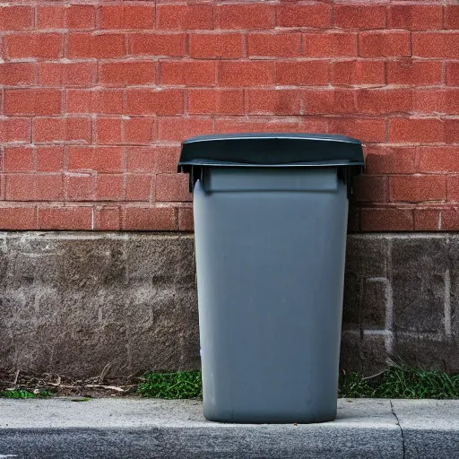 Prompt: a garbage can in the street in an alley, photograph, 4 k