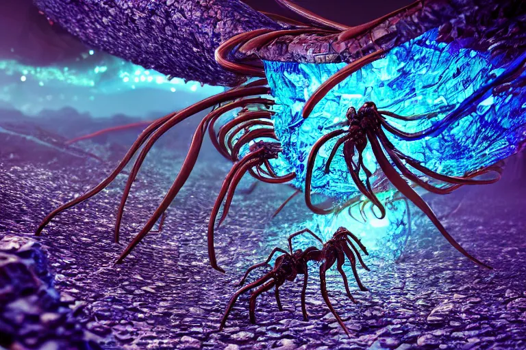 Image similar to centipede trapped inside a blue amber, octane render, digital art, trending on artstation, deviantart, 8k, epic composition, intrinsic details, AAA graphics