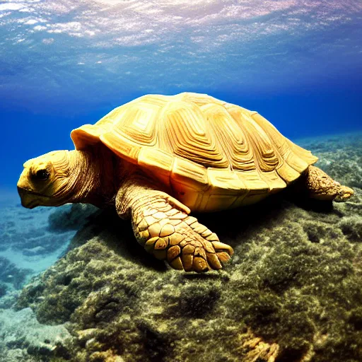 Prompt: giant golden light radiant tortoise swimming on the azure blue of the pacific