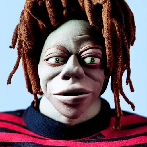 Image similar to a cinematic photograph still of trippie redd made out of clay, in claymation