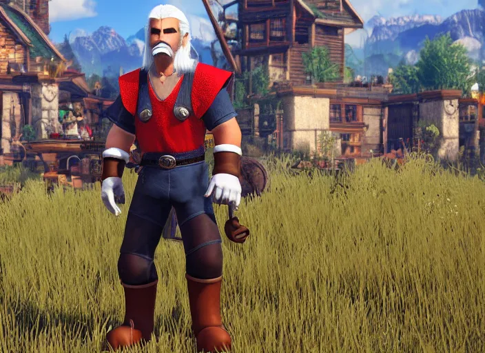 Prompt: super mario as geralt from witcher 3, rayracing, rtx, ultra detailed, in the witcher game, white hair, mustache, mario hat, overalls, red shirt