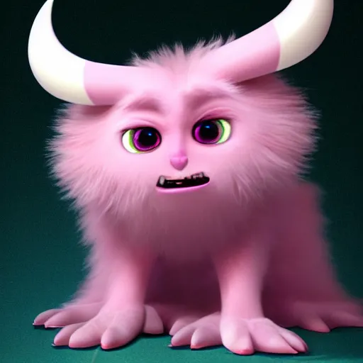 Prompt: cute fluffy demon from pixar, pink, huge green piercing eyes, electricity around,