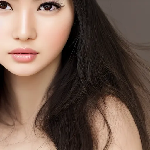 Image similar to Beautiful young Eurasian female face, long black hair, green eyes, photorealistic,8k, XF IQ4, 150MP, 50mm, F1.4, ISO 200, 1/160s, natural light