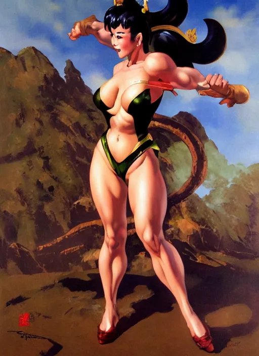 Prompt: oil painting of Chun Li by frank frazetta alluring pin up deviant art