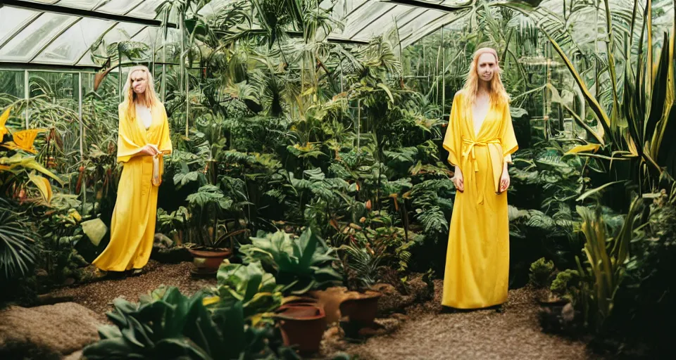 Image similar to Medium format portrait photography of a single elegant woman that look like Brit Marling wearing a yellow kimono in a tropical greenhouse, bokeh