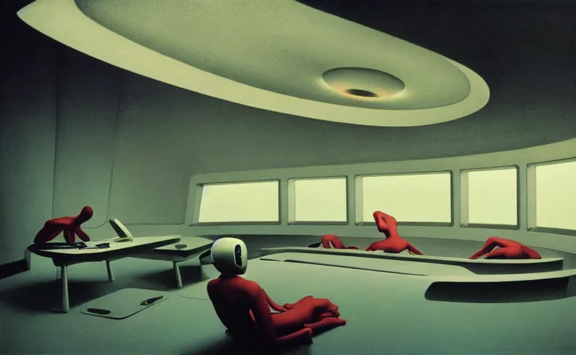 Image similar to Inside futuristic minimalist spaceship with computers, Edward Hopper and James Gilleard, Zdzislaw Beksinski, Mark Ryden, Wolfgang Lettl highly detailed, hints of Yayoi Kasuma