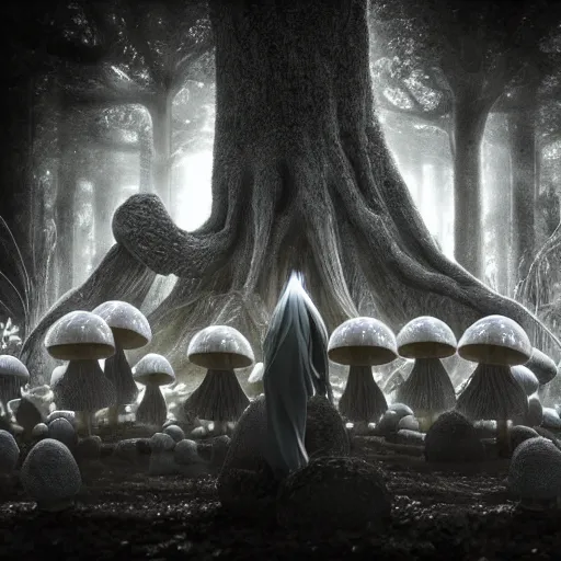 Image similar to mushroom goddess with group of elders in a ceremony for plant medicine, beautiful, hiroya oku, yoshitaka amano, chris cunningham, black and white, beautiful lighting, cinematic still, inspired by funky forest, 3 d render, 8 k