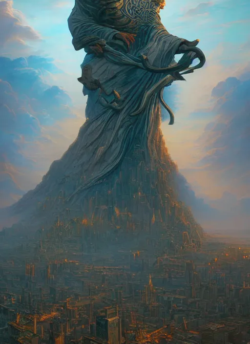 Image similar to a gigantic statue holding a city in his hands, in the style of tomasz alen kopera and fenghua zhong and peter mohrbacher, mystical colors, rim light, beautiful lighting, 8 k, stunning scene, raytracing, octane, trending on artstation