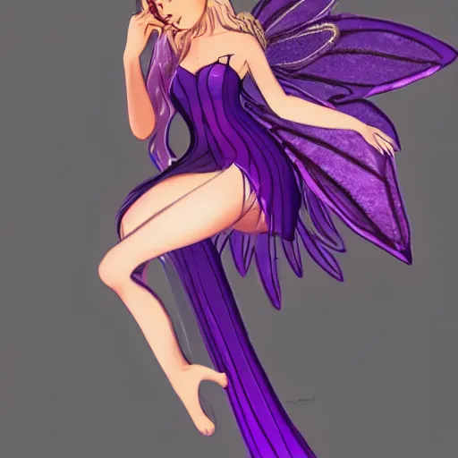 Prompt: very very very beautiful tiny fairy woman in her 20s with fairy wings wearing skintight purple dress, making eye contact, smiling, flirty, perfect body, perfect face, drawn by charles bowater