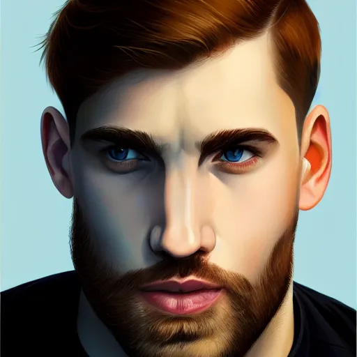 Image similar to tall chunky man in his twenties with brown blond short regular haircut and round facial structure with cleft chin, straight eyebrows, big grey blue eyes, happy, slightly set back jaw, cheekbones, straight nose, wider face, slight shadow of beard, atmospheric lighting, painted, intricate, 4 k, highly detailed by charlie bowater