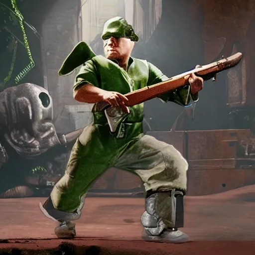 Image similar to Elmer Fudd from Loony Tunes in Doom, wearing green armor and helmet, killing demons, rip and tear, video game