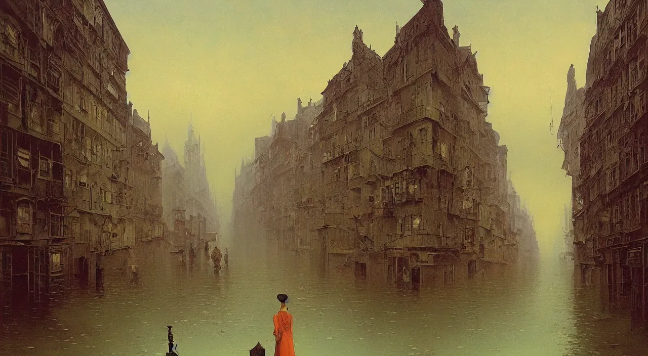 Prompt: a high contrast! painting of an old flooded empty street by bruce pennington carl spitzweg rene magritte, full - length view, psychedelic, surreal, distorted, vivid colors, symmetry, great composition, high detail, cinematic lighting, masterpiece