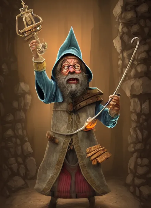 Image similar to highly detailed, hyper realistic wizard, funny, with a dungeon background by studio muti