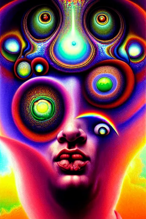 Image similar to hyperrealistic abstract close-up Renaissance psychedelic!! celestial happy! pure creature!! peaceful! kind spirit of nature! beautiful fractal!! eyes! highly detailed concept art eric zener elson peter cinematic hard rainbow lighting high angle hd 8k sharp shallow depth of field endless, inspired by Zdzisław Beksiński Salvador Dali