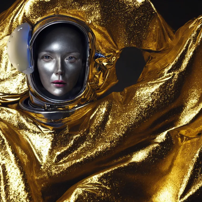 Image similar to octane render portrait by wayne barlow and carlo crivelli and glenn fabry, subject is a woman covered in folded aluminum foil space suit with a colorful metallic space helmet, floating inside a futuristic black and gold space station, cinema 4 d, ray traced lighting, very short depth of field, bokeh