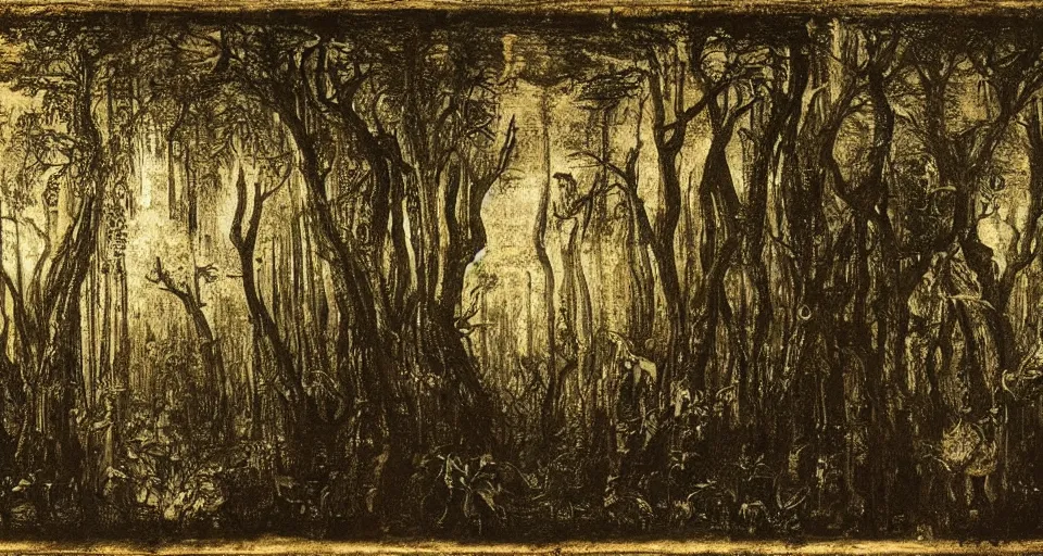 Image similar to A dense and dark enchanted forest with a swamp, by Leonardo da vinci