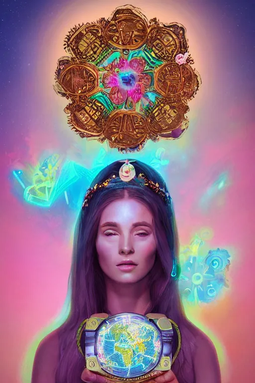 Image similar to opalescent retrofuturistic digital airbrush illustration of an explorer wearing an ornate gpu headpiece and holding a flower with a map of the collective subconscious in the background by luigi patrignani