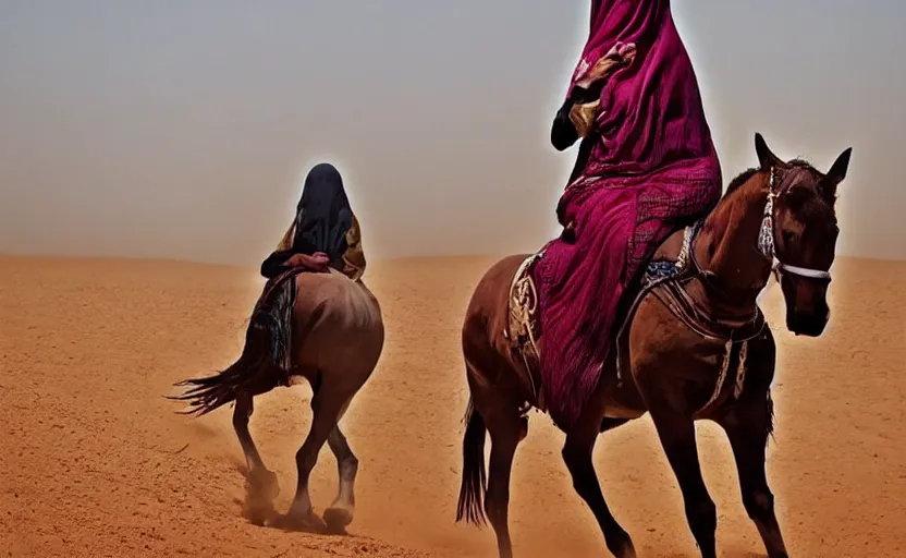 Image similar to beautiful burqa's woman, riding a horse!!! in saharan, sharp eyes, perfect dynamic posture, dust, cinematic, perfect dynamic pose, pinterest,, very perfect position, award winning photo by national geographic