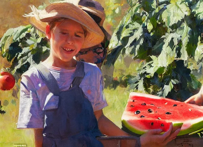 Image similar to a highly detailed beautiful portrait of a big cute spider purchasing a large watermelon, by gregory manchess, james gurney, james jean