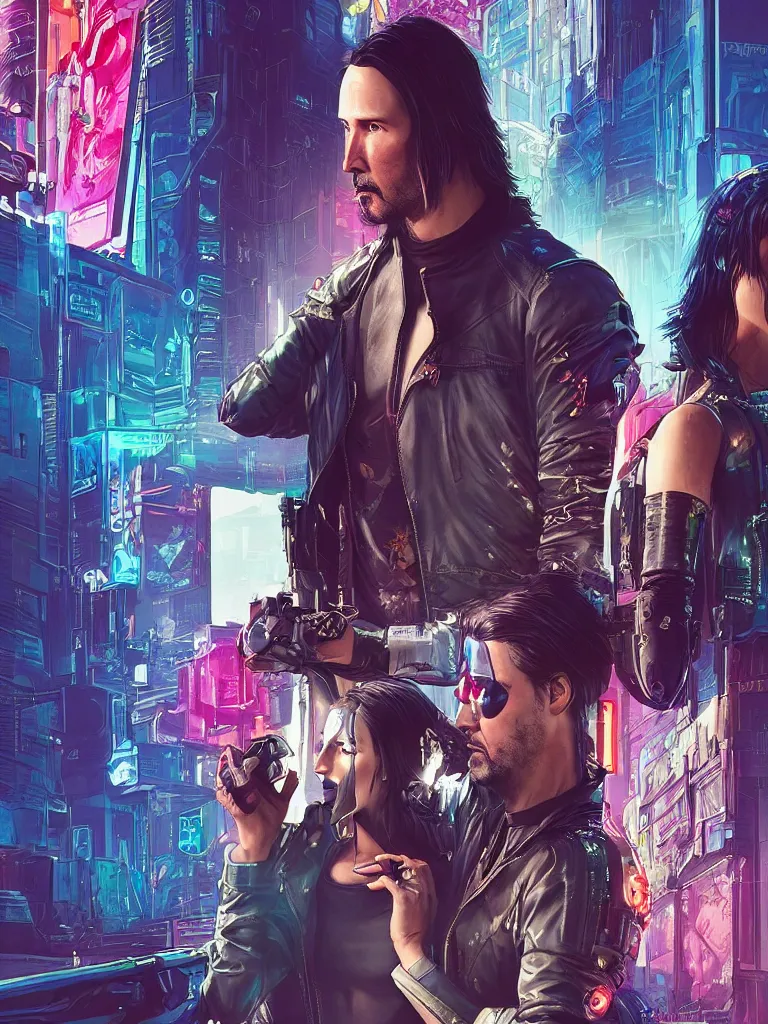 Prompt: a cyberpunk 2077 couple portrait of Keanu Reeves as Johnny Silver hand and female V in daily life ,love story, pray, hug, hold, kiss, film lighting, by Laurie Greasley, William Morris, Dan Mumford, John Wick, Speed, Replicas, Destination Wedding, The Lake House, artstation, full of color, Digital painting, face enhance, highly detailed,8K, octane, golden ratio, cinematic lighting