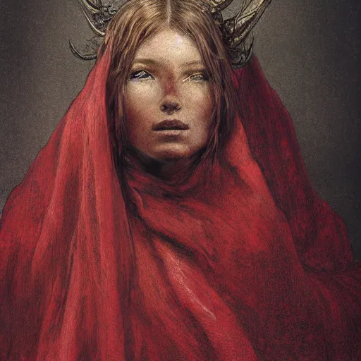 Image similar to a masterpiece! photographic portrait of a a cloaked woman riding the back of a scarlet - colored!! beast!! with seven heads!! and ten horns!! by gustave dore and sam spratt and allen williams, trending on artstation, cgsociety, 8 k hd, earthtone colors,