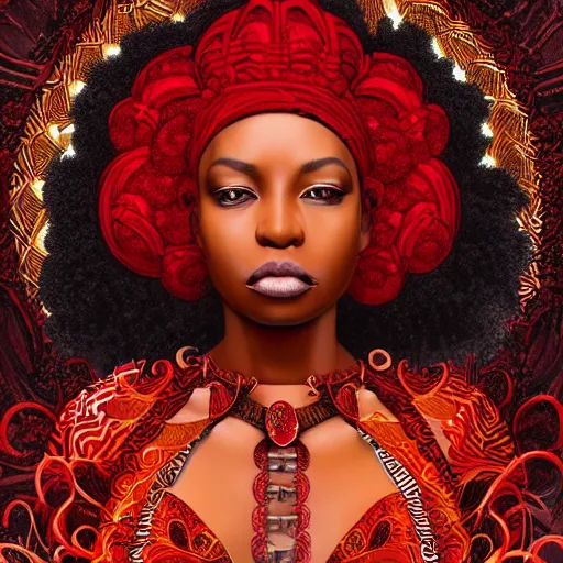 Prompt: Curly haired african priestess wearing a red conical hat, wild hair, in a beautiful flowing red dress surrounded by flames, clothes, intricate hellish decoration on the dress, on the background of an ancient cathedral, Designer clothes, fullbody, intricate, elegant, highly detailed, artstation, concept art, smooth, sharp focus, illustration, art by greg rutkowski and orientalism and bouguereau and Zdzislaw Beksinski, good clear quality, lighting, biology, symmetrical artwork, cinematic, hyper realism, high detail, octane render, 8k