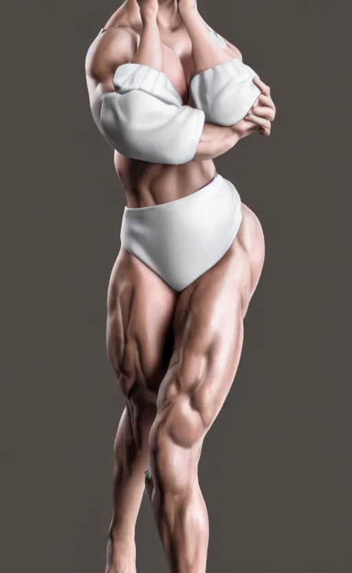 Prompt: realistic colorful photo portreit of beautiful bodybuilder woman posing in white peignoir, full leight, ultra rendered extreme realism and detail, 8 k, highly detailed, realistic, photorealistic,