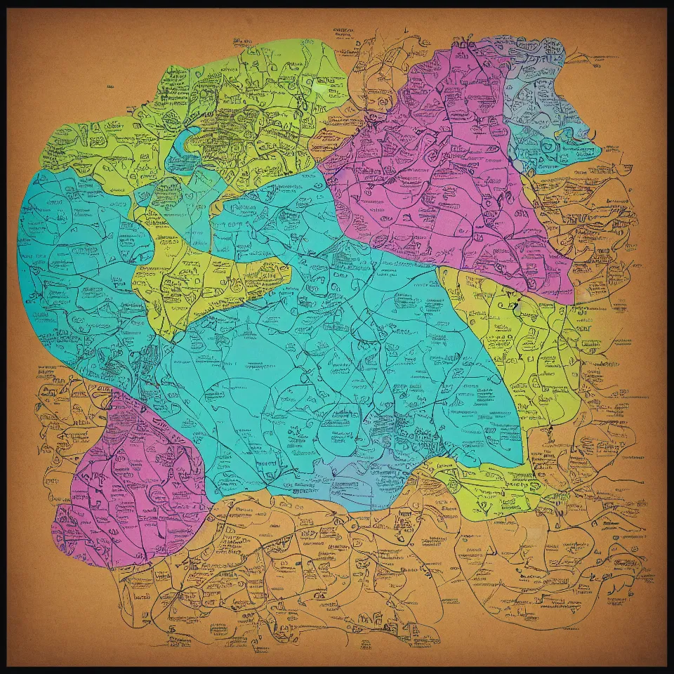 Image similar to imaginary map of different color realms, map of fantacy world, different realms, blueprint, infographic, vintage theme, on paper, with notes, highly detailed, hyper realistic