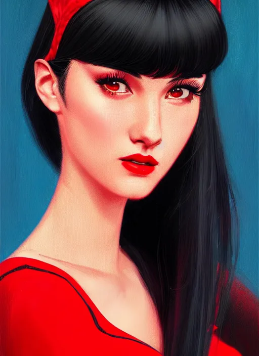 Image similar to portrait of veronica lodge with bangs, 1 9 6 0 s, long hair, red clothes, bangs, intricate, elegant, glowing lights, highly detailed, digital painting, artstation, concept art, smooth, sharp focus, illustration, art by wlop, mars ravelo and greg rutkowski