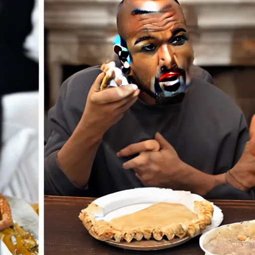 Image similar to bald kanye west eating apple pie on thanksgiving