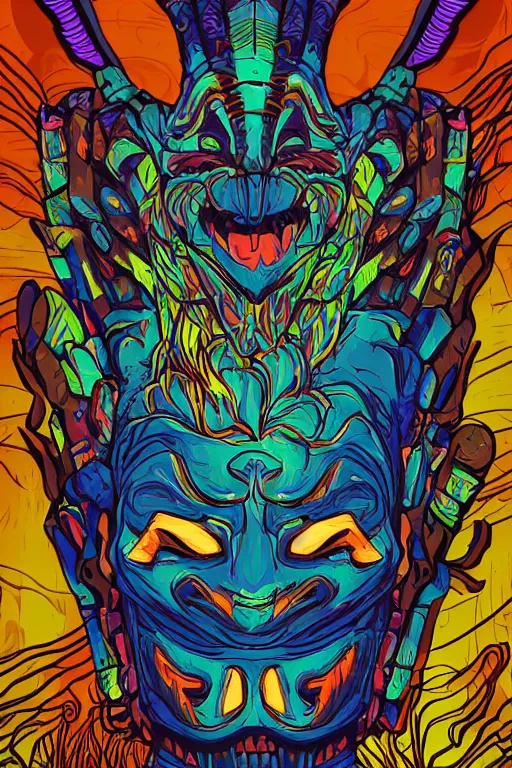 Image similar to totem animal mask tribal feather gemstone plant wood rock shaman vodoo video game vector illustration vivid color borderlands by josan gonzales and dan mumford radiating a glowing aura