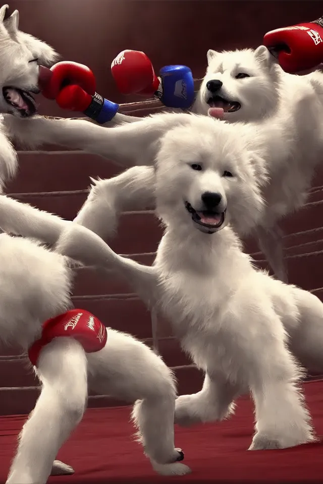 Image similar to samoyed dog competing in muay thai kickboxing fight, photorealistic, 4k, dramatic and cinematic
