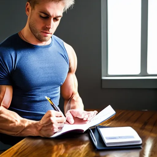 Prompt: A blond, muscular man writes an appointment in his calendar