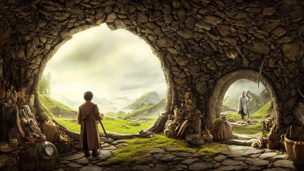 Image similar to frodo writing in his journal inside his hobbit hole bag end at the end of his journey, hobbiton visible through a window, by alan lee, michal karcz, smooth details, lord of the rings, game of thrones, smooth, detailed terrain, oil painting, trending artstation, concept art, fantasy matte painting, over the shoulder camera shot