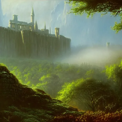 Image similar to fortress in the misty woods, crisp, clear, matte oil painting, darrell k sweet, wallpaper