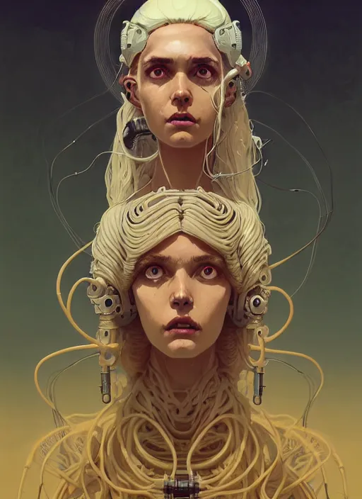 Prompt: highly detailed portrait of a cyborg long curly white hair god lady, stray wiring by atey ghailan, james gilleard, by joe fenton, by greg rutkowski, by greg tocchini, by kaethe butcher, 4 k resolution, gradient yellow, black and white color scheme!!! ( ( dystopian sandy desert background ) )
