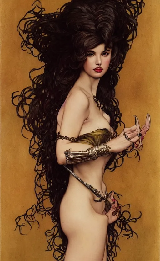 Prompt: full length portrait of a woman who is a mix of ana de armas and taylor swift, sorcereress using dark seduction magic, d & d, medieval, fantasy, royo, klimt, miro, vallejo, frazetta, alphonse mucha, greg rutkowski, whealan