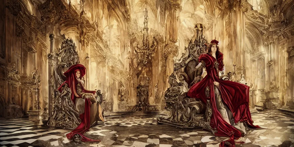 Image similar to epic, cinematic, leading lines, low angle, a 1 7 th century beautiful queen, sitting on the throne, symmetry, baroque interior, shiny marble floor, ornate dark red opulent clothing, scifi, futuristic, optimistic, concept art, watercolor, expressive, impressionism,