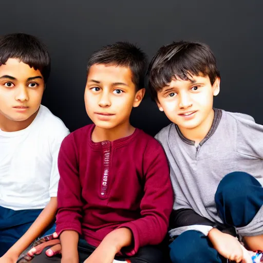 Image similar to one girl and three boys sitting together, they are siblings, black background, 8 0 mp photography, all are visible