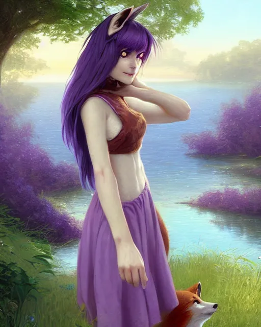 Prompt: an anthropomorphic fox girl with purple hair, she wears a simple sundress, she has a pronounced snout and two pointed black ears, beautiful lake background, illustration by greg rutkowski, thomas kindkade, loish, artstation, furaffinity, deviantart