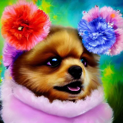 Prompt: anthromorphic fluffy pomeranian puppy dressed in princess robe and flower crown, detailed 4 k oil painting