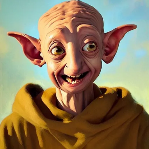 Image similar to greg manchess portrait of happy dobby the house elf cheering, organic painting, sunny day, matte painting, bold shapes, hard edges, street art, trending on artstation, by huang guangjian, gil elvgren, ruan jia, randy vargas, greg rutkowski