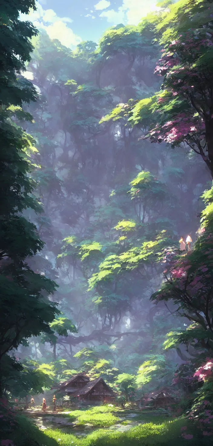 Image similar to village in the woods with a flower garden near a waterfall, gapmoe kuudere moody lighting stunning bokeh highlights sharp contrast | trending pixiv fanbox | by greg rutkowski makoto shinkai takashi takeuchi studio ghibli