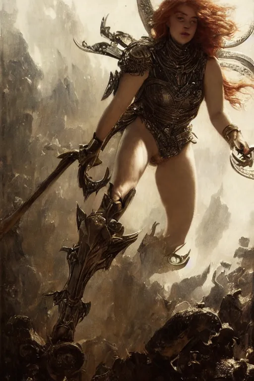 Prompt: redhead emilia clarke wearing black and silver ornamented armour, bare legs, detailed, by gaston bussiere, bayard wu, greg rutkowski, giger, maxim verehin, greg rutkowski, masterpiece, sharp focus, cinematic lightning