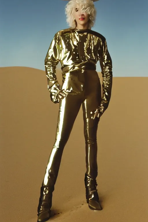 Image similar to portrait davis taylor brown dressed in 1 9 8 1 space fantasy fashion, new wave, shiny metal, standing in a desert