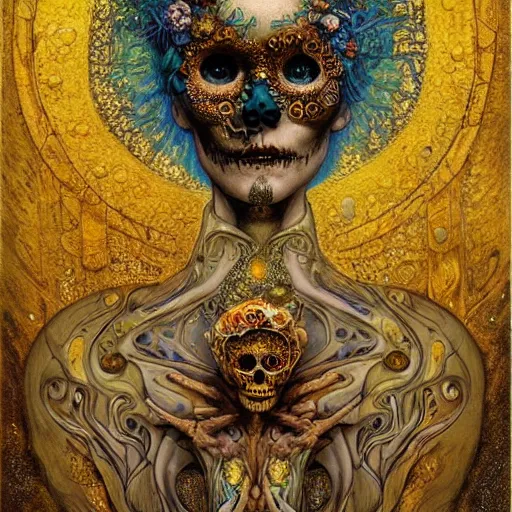 Image similar to Memento Mori by Karol Bak, Jean Deville, Gustav Klimt, and Vincent Van Gogh, beautiful visionary mystical portrait, calavera, otherworldly, fractal structures, ornate gilded medieval icon, third eye, spirals, sugar skull