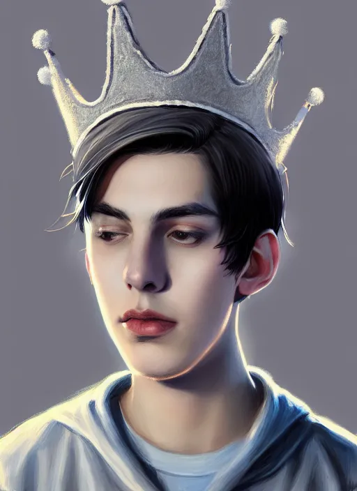 Image similar to portrait of teenage jughead jones wearing a light grey crown, photorealistic, crown, eyes closed, crown, black hair, intricate, elegant, glowing lights, highly detailed, digital painting, artstation, concept art, smooth, sharp focus, illustration, art by wlop, mars ravelo and greg rutkowski