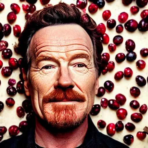 Image similar to closeup portrait of bryan cranston happy face surrounded by cranberries, food photography, natural light, sharp, detailed face, magazine, press, photo, steve mccurry, david lazar, canon, nikon, focus