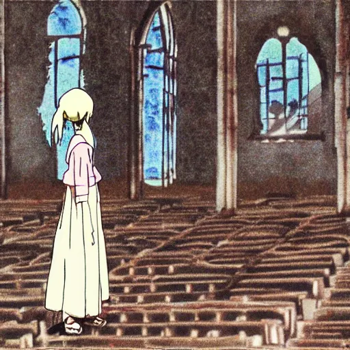 Prompt: ghost of a young girl, a burnt out church, cel shaded, studio ghibli, hayao miyazaki