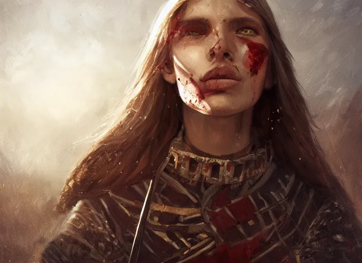 Image similar to landscape, portrait painting beautiful realism, an caucasian girl, wearing war clothes, in wood armor who was sprawled out was about to rise, his face covered in blood. cinematic scene, good lighting, fine art, trending on artstation, smooth draw, sharp focus.